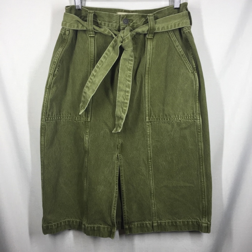 Madewell Garment-Dyed Rigid Denim Seamed Midi Skirt Green 28